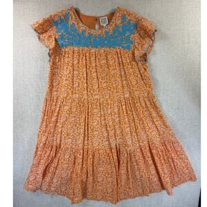 Sister Mary Women Small Orange Floral Embroidered Cap Sleeve Cottagecore Dress
